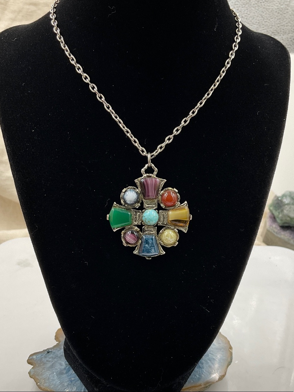 Vtg.24”Hollywood Regency 1950’s Necklace With Multicolor Gemstone Cross Pendant
